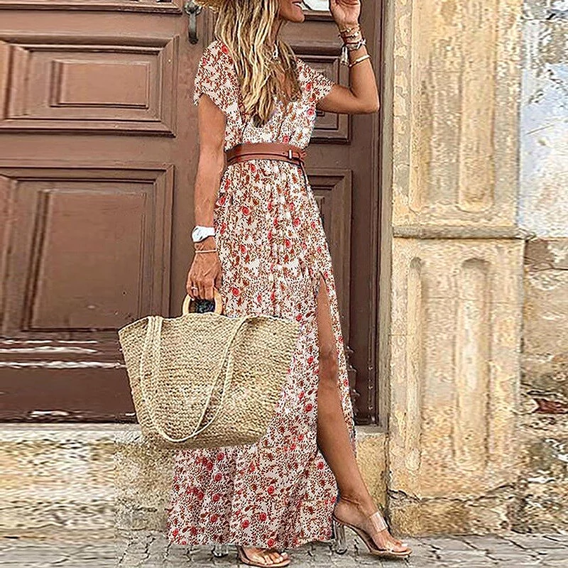 Ashore Shop Womens Boho Long Dress Fashion Paisley Print  V Neck Short Sleeve Dresses Summer Belt Large Hem Beach Dress Elegant 