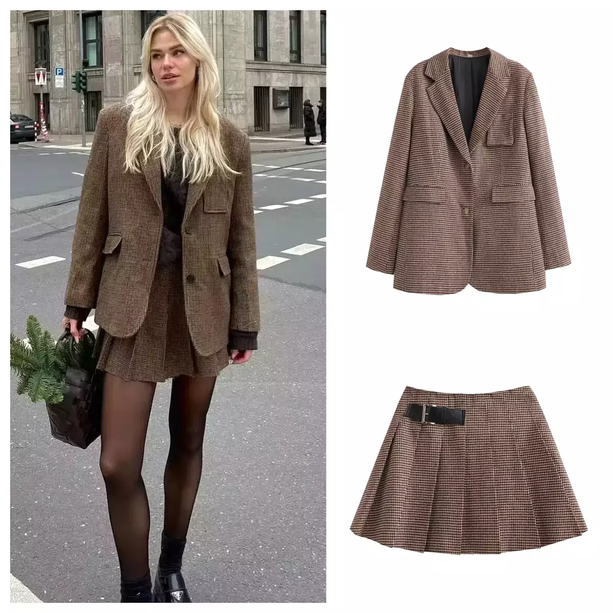 Autumn New Loose and Slim Suit Coat Leather Buckle Decoration Wide Pleated Skirt Two Piece Set