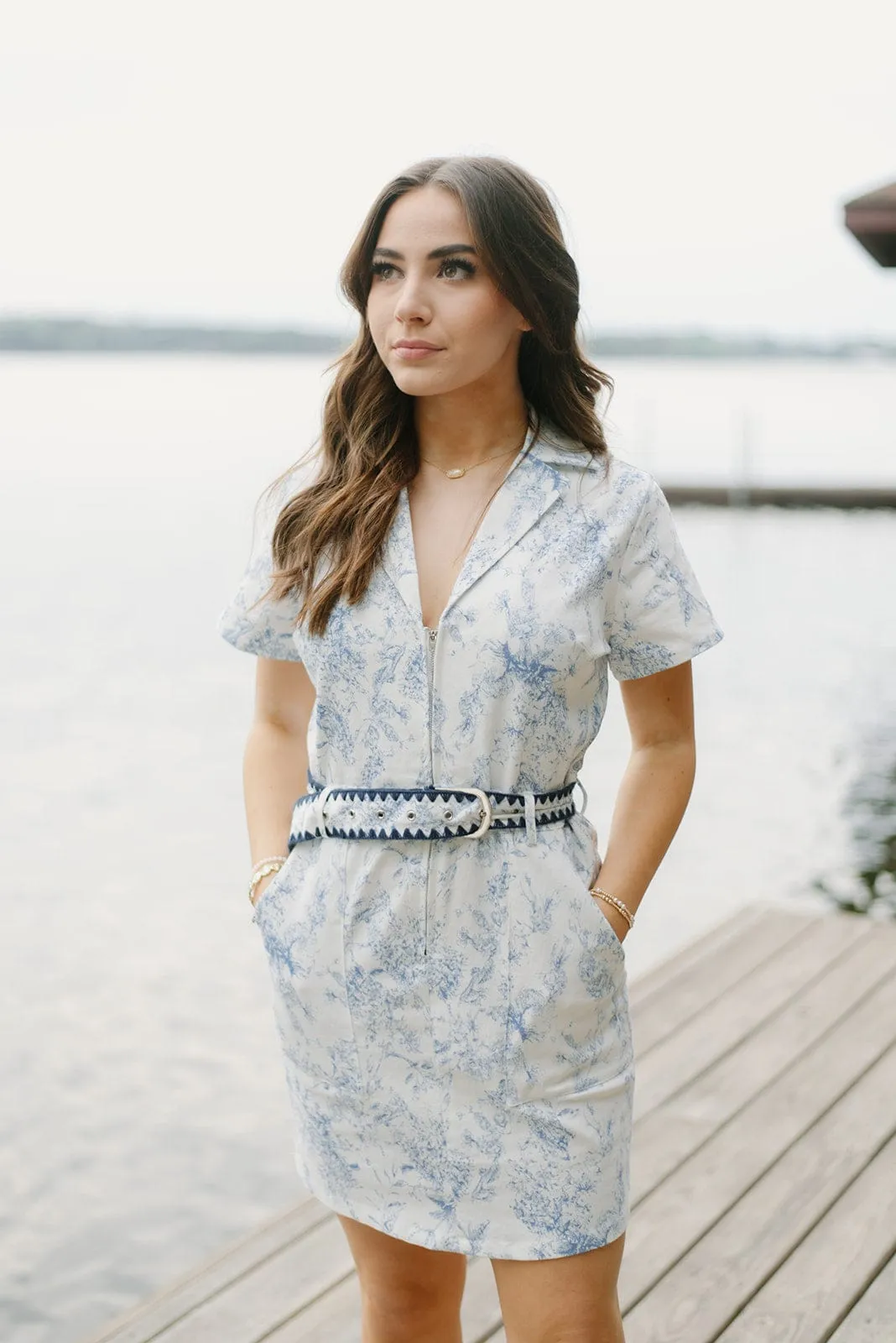 Blue Floral Belted Denim Dress