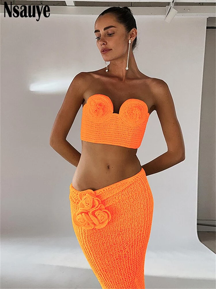 Casual Beach Summer Outfits Holiday Women Y2K Knitted Bra Crop Tops And Long Sexy Fashion Party Club Skirt Two Piece Set