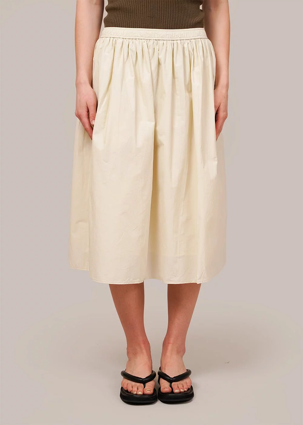 Cream Gathered Midi Skirt