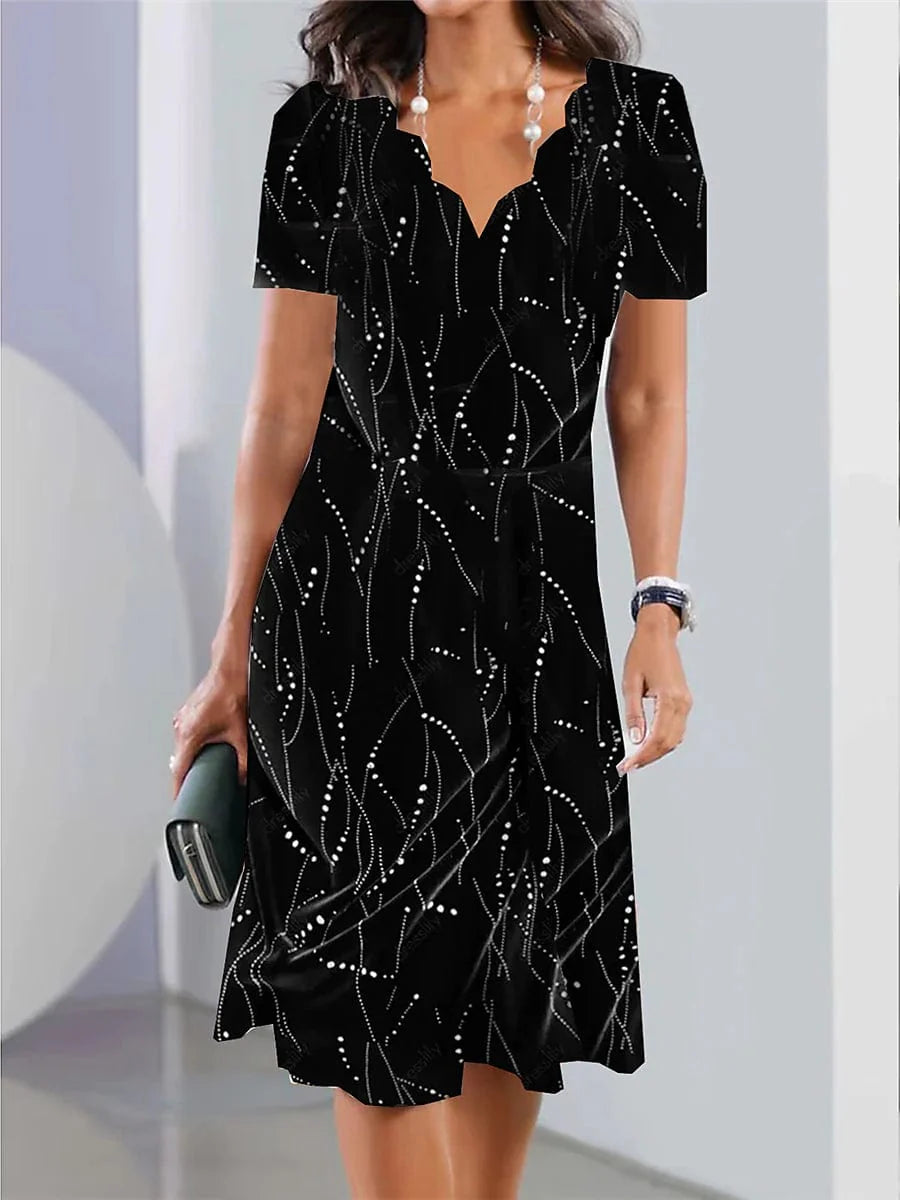 Elegant Butterfly Print Midi Dress for Women - Long Sleeve Scalloped Neck Loose Fit