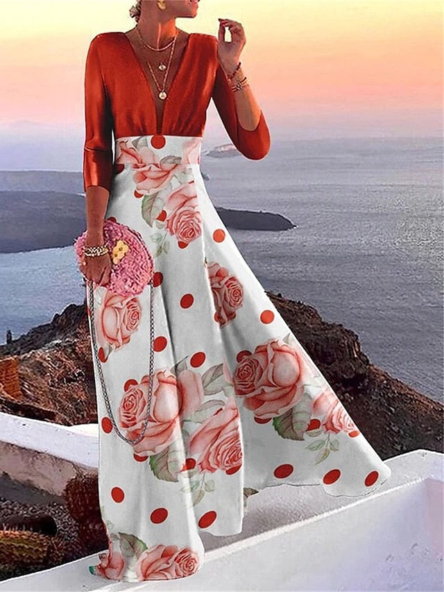 Elegant Color Block Patchwork V Neck Maxi Dress with 3/4 Sleeve