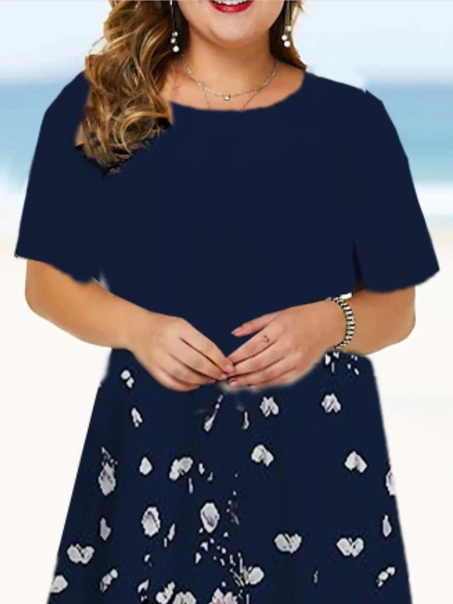 Elegant Dark Blue Floral Plus Size Midi Dress with Short Sleeves