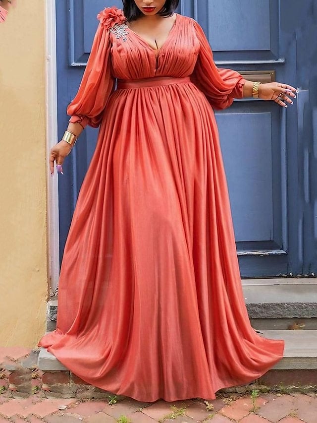 Elegant Plus Size V Neck Ruched Maxi Dress