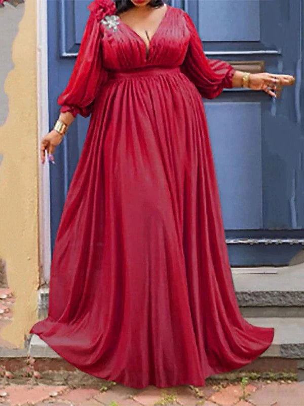 Elegant Plus Size V Neck Ruched Maxi Dress