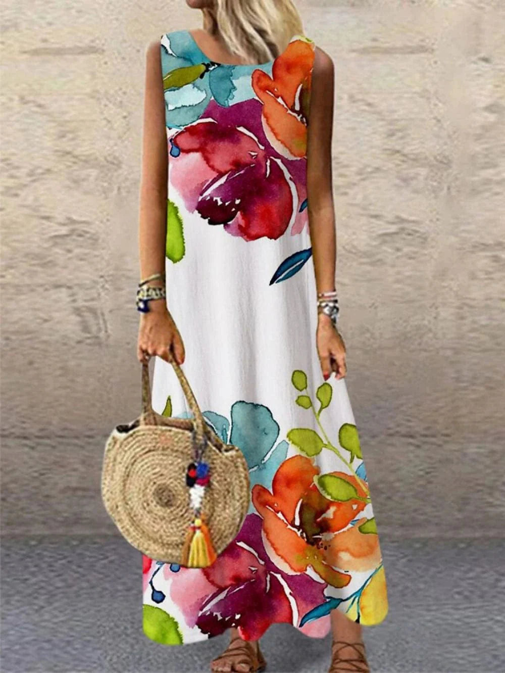 Elegant Rainbow Floral Maxi Dress with Crew Neck