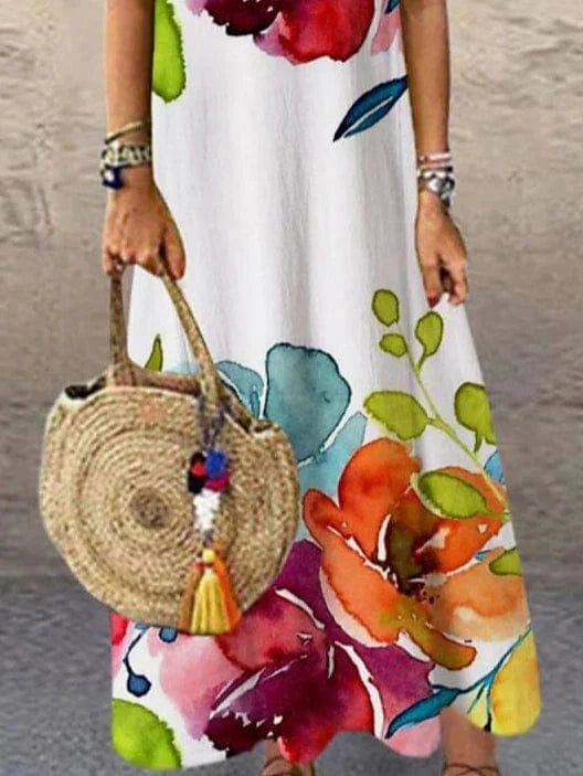 Elegant Rainbow Floral Maxi Dress with Crew Neck