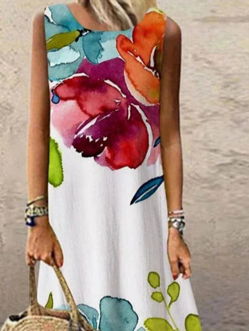 Elegant Rainbow Floral Maxi Dress with Crew Neck