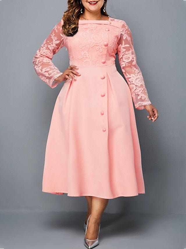 Elegant Red Lace Long Sleeve Plus Size Midi Dress