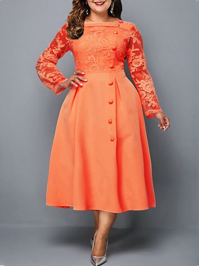 Elegant Red Lace Long Sleeve Plus Size Midi Dress