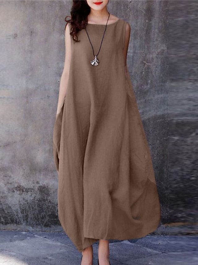 Elegant Sleeveless Cotton Linen Maxi Dress with Lace Detail for Women