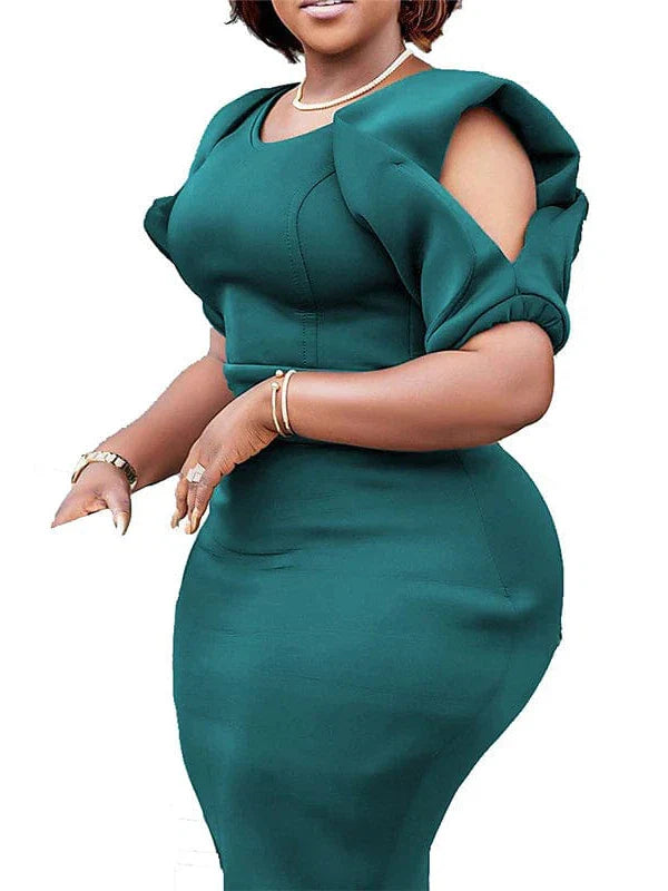 Elegant Solid Color V Neck Plus Size Midi Dress