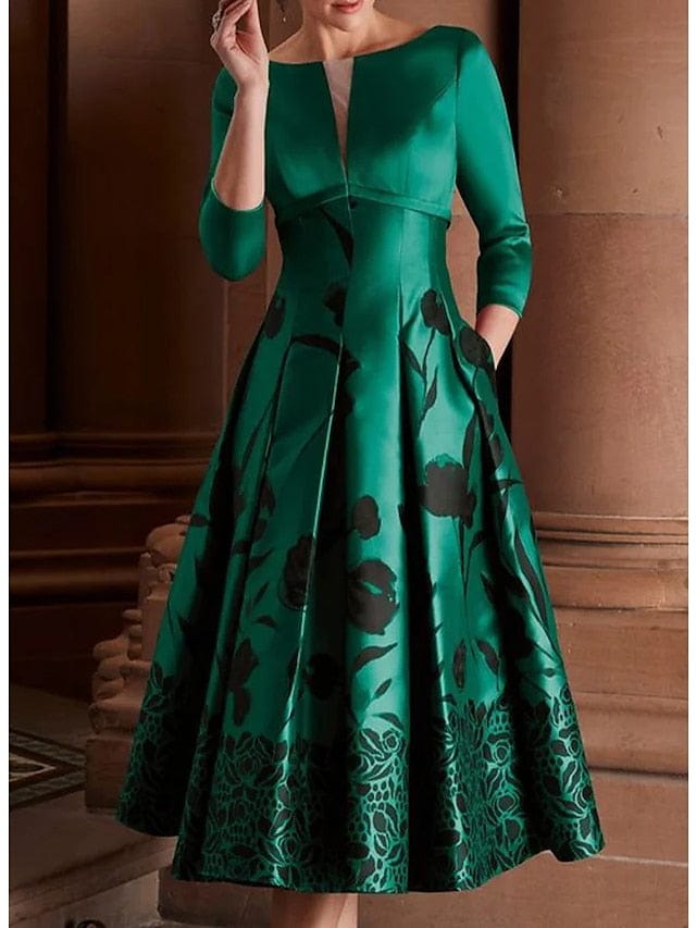 Emerald Green Floral Print Midi Dress with 3/4 Length Sleeves