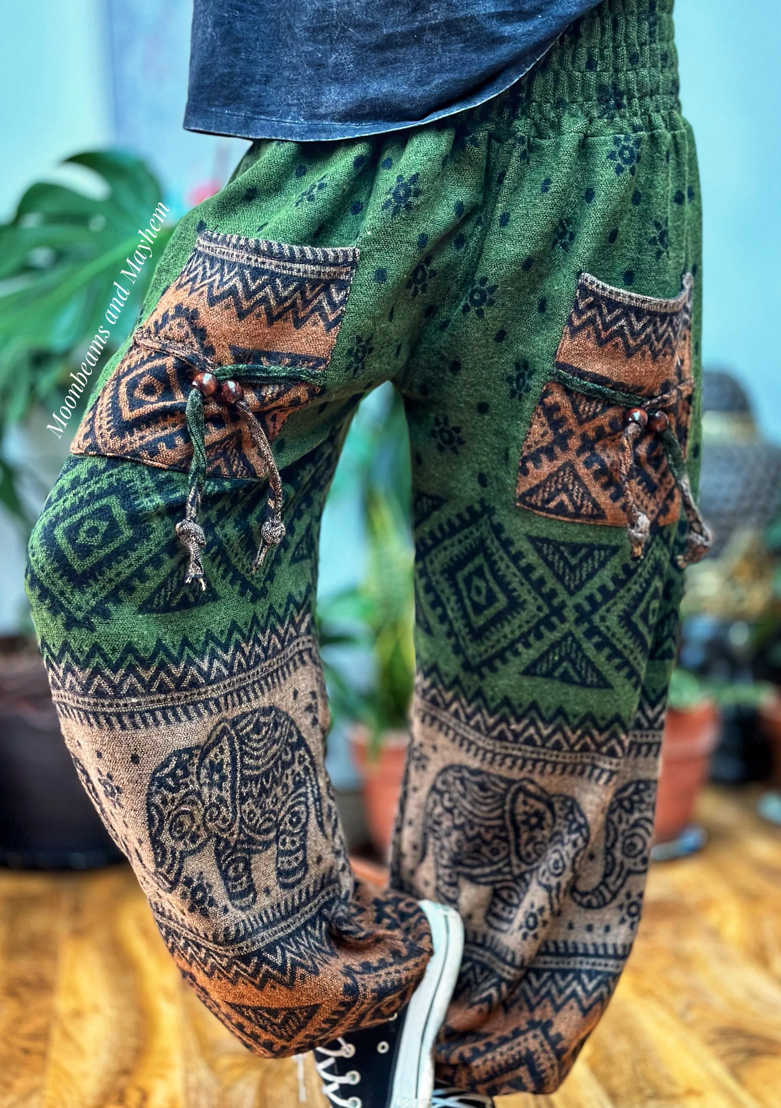 FOREST GREEN ELEPHANT WARM FLEECE HAREM PANTS