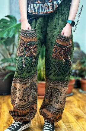 FOREST GREEN ELEPHANT WARM FLEECE HAREM PANTS