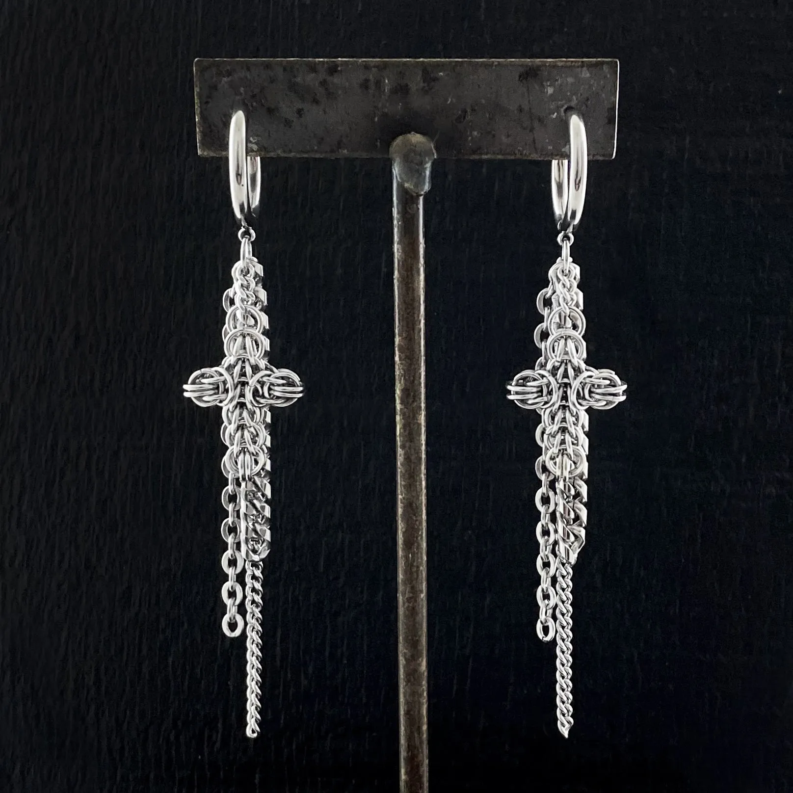 GAUGED Chainmaille Cross & Chain Earrings