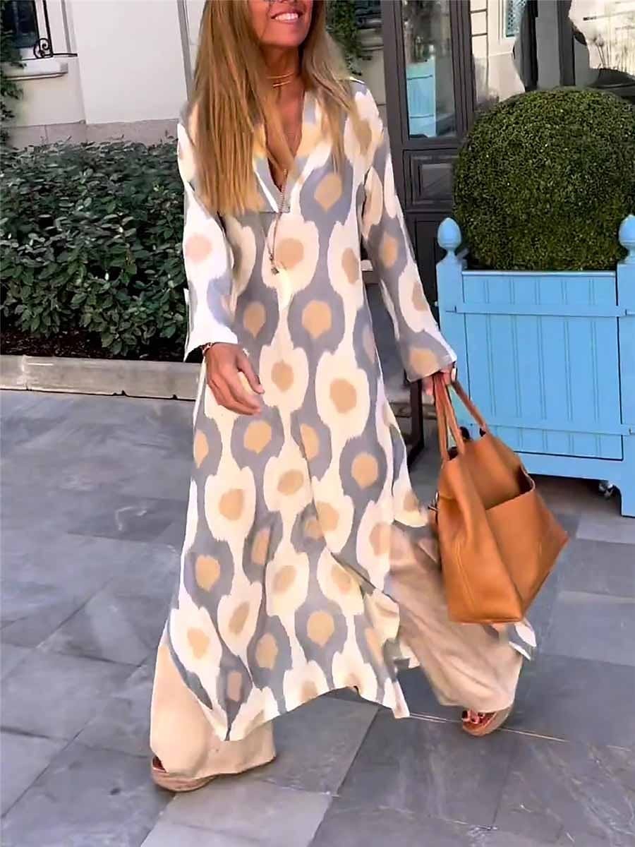 Geometric Print Maxi Dress for Women with Split V Neck and Long Sleeves