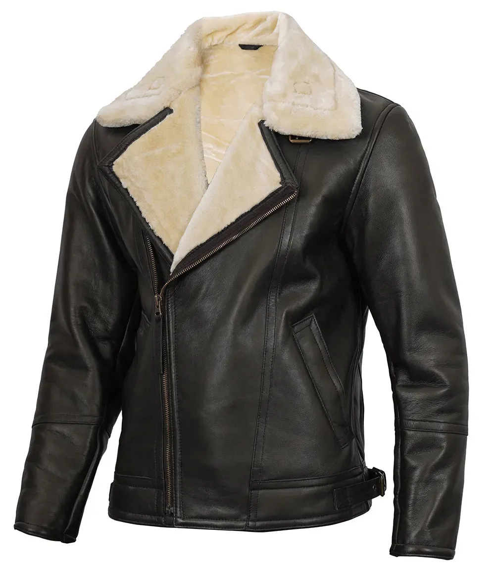 Hartford Asymmetrical Dark Brown Leather Shearling Jacket Mens