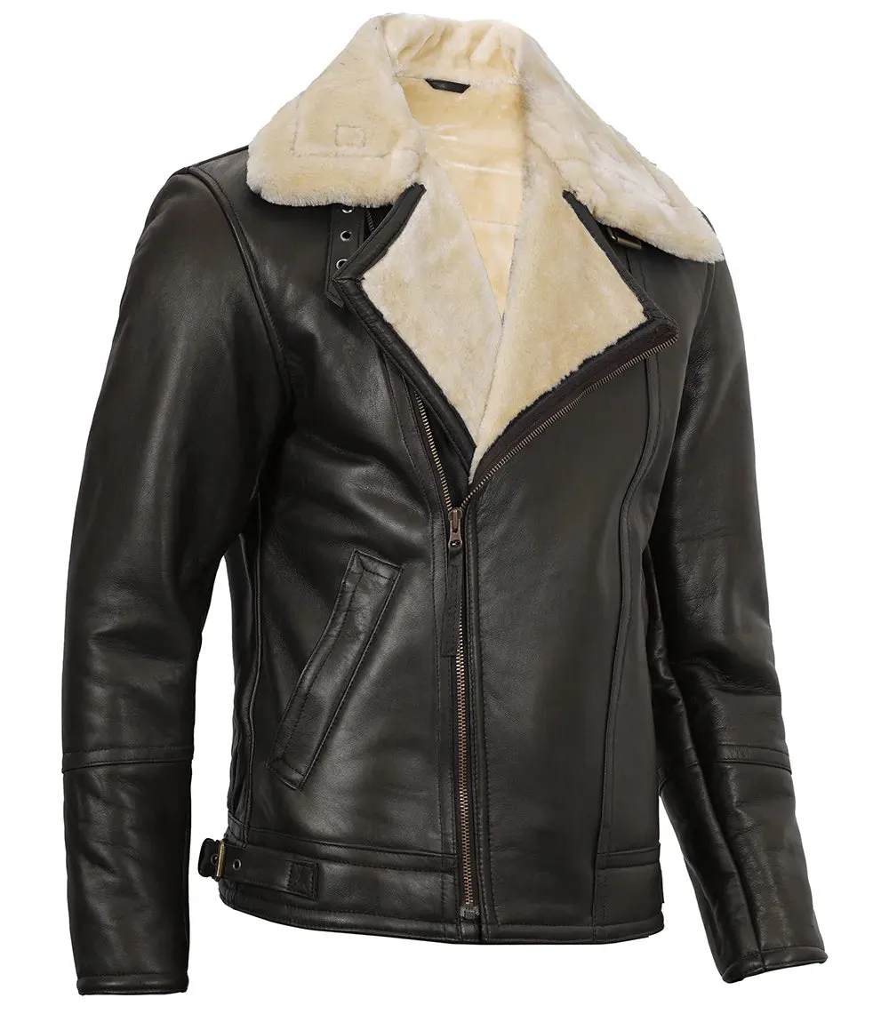 Hartford Asymmetrical Dark Brown Leather Shearling Jacket Mens