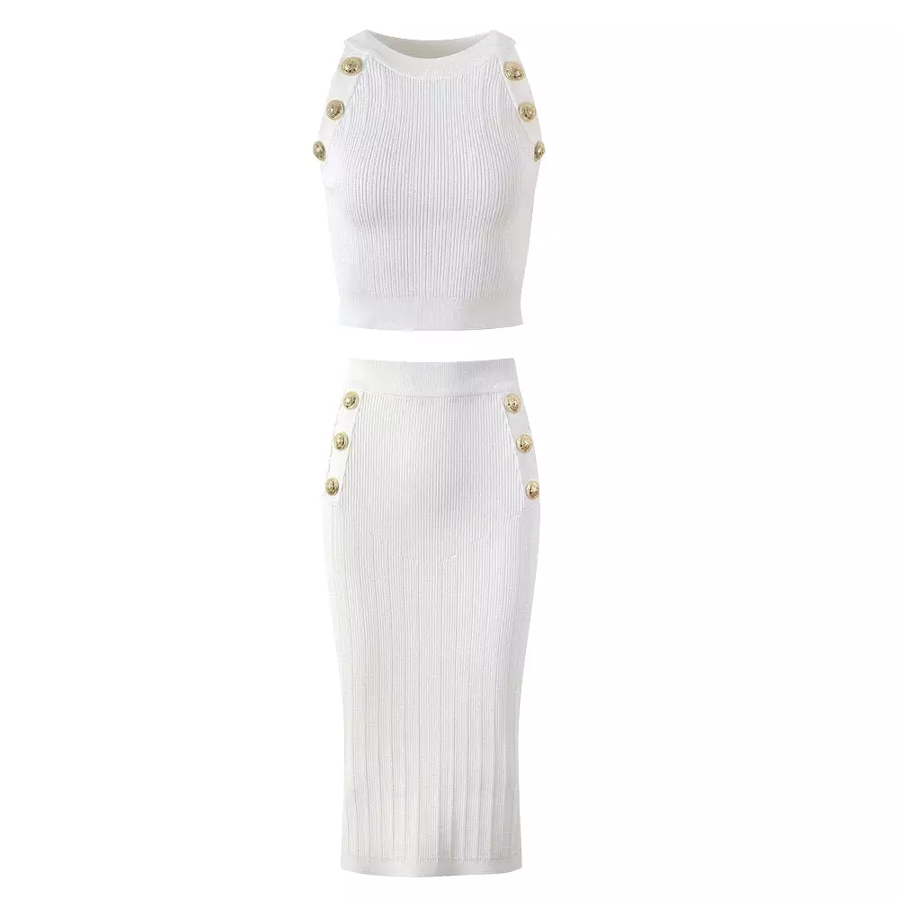 Hot Summer Popuplar Fashion Women Sleeveless Tank Knitted Vest Long Slim Skirt 2 Pieces Sets High Quality