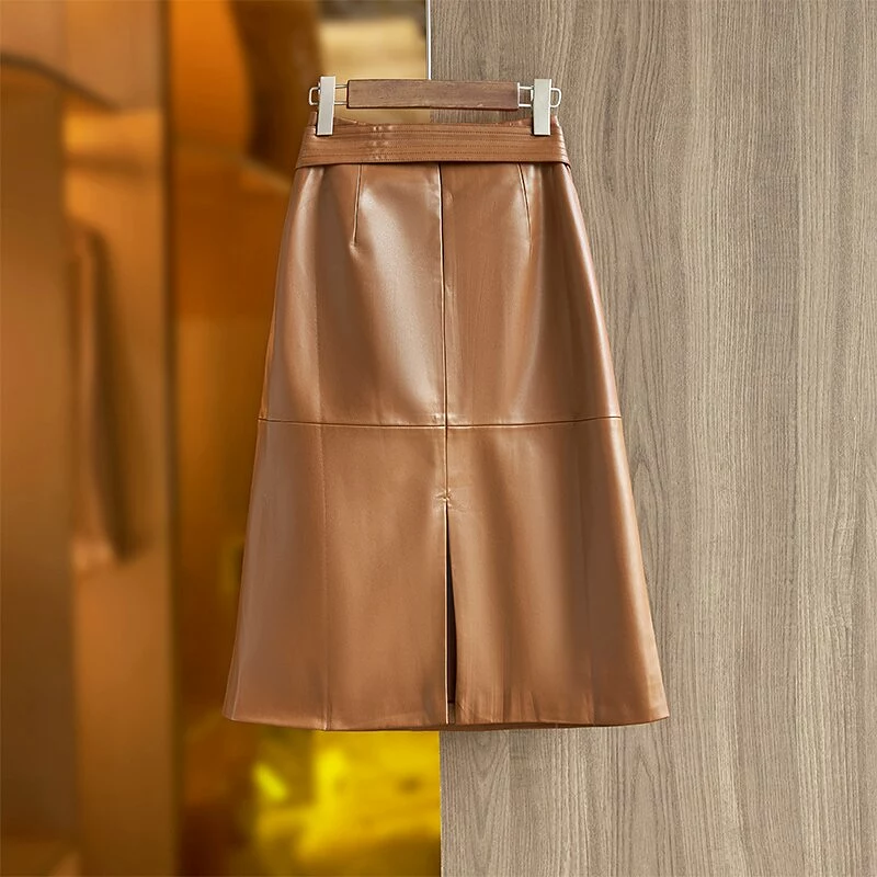 Khaki Green PU Leather Skirt With Belt Casual A-line Quality Saia for Ladies