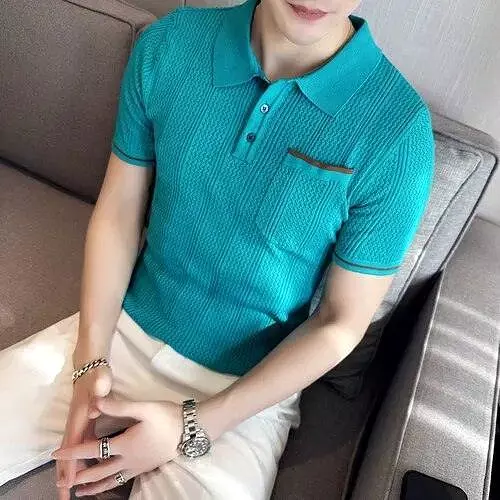 Knitted Lapel Short Sleeve Men Polo Shirt