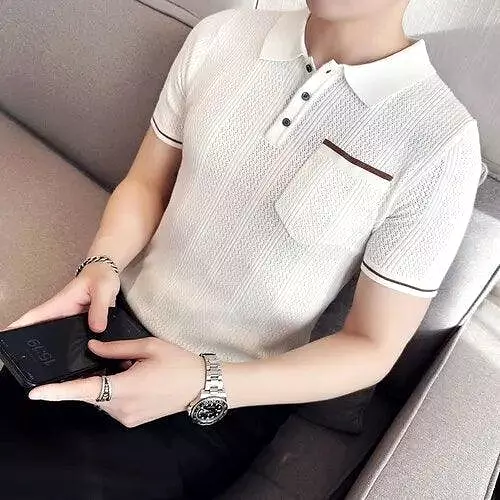 Knitted Lapel Short Sleeve Men Polo Shirt