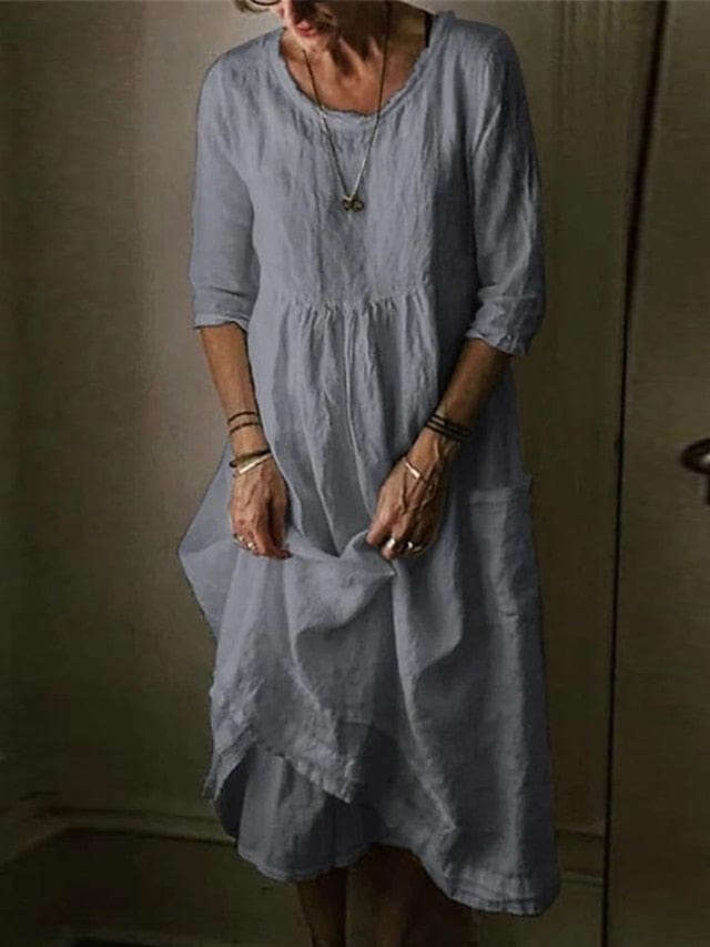 Ladies' Comfortable Linen Midi Dress with Half Sleeves and Pockets