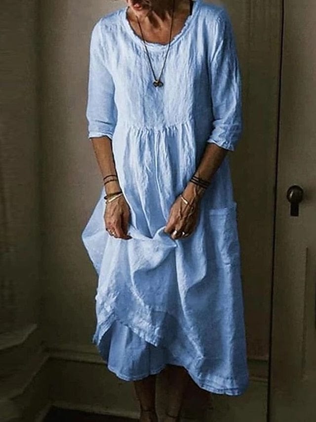 Ladies' Comfortable Linen Midi Dress with Half Sleeves and Pockets