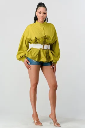 Lime Pleated Ruffle Belted Waist Blouse