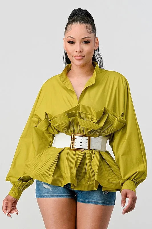 Lime Pleated Ruffle Belted Waist Blouse