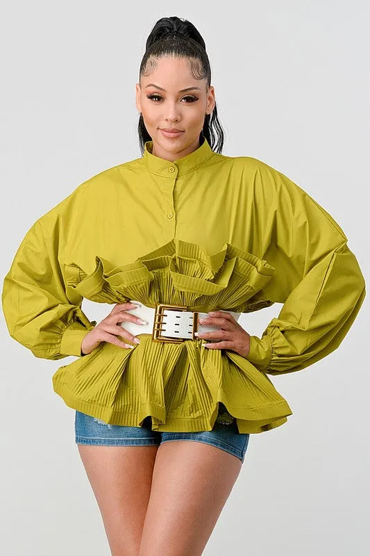 Lime Pleated Ruffle Belted Waist Blouse