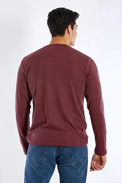 Long Sleeve Round Neck Plain T-Shirt - DARK WINE