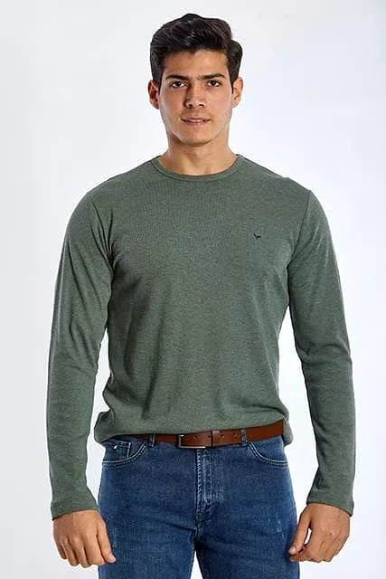 Long Sleeve Round Neck Plain T-Shirt - GREEN OLIVE