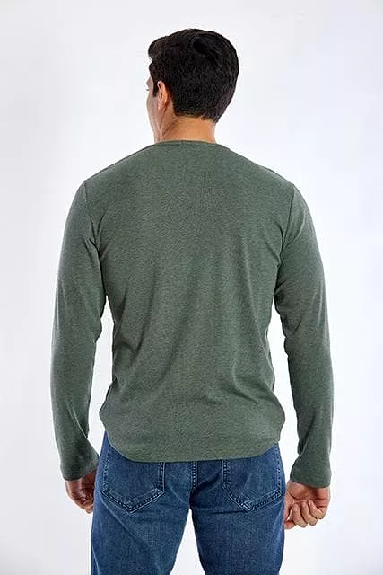 Long Sleeve Round Neck Plain T-Shirt - GREEN OLIVE