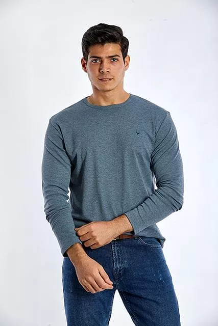 Long Sleeve Round Neck Plain T-Shirt - INDIGO