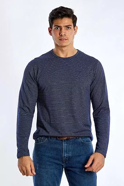 Long Sleeve Round Neck Striped T-Shirt - NAVY