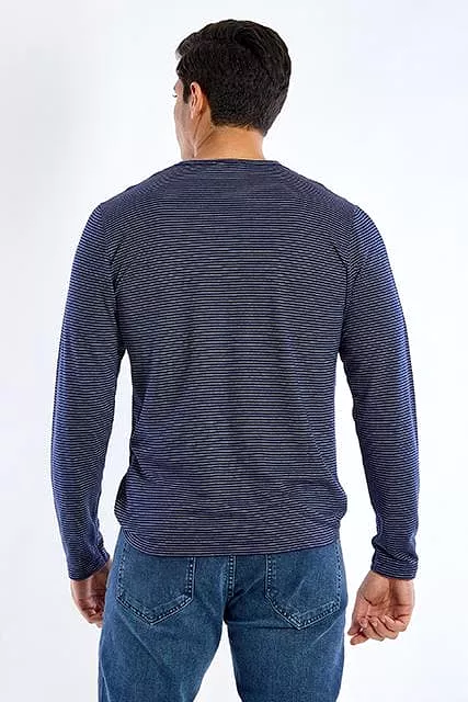 Long Sleeve Round Neck Striped T-Shirt - NAVY