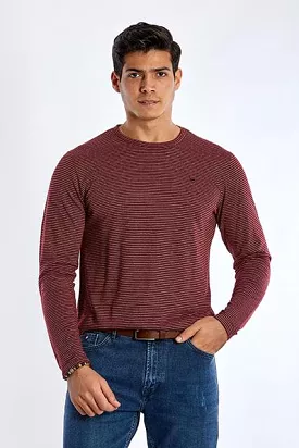 Long Sleeve Round Neck Striped T-Shirt - WINE