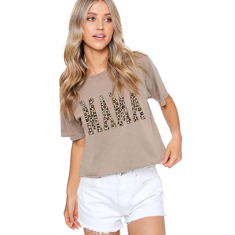 Mama Leopard Cropped Short Sleeve T-Shirt