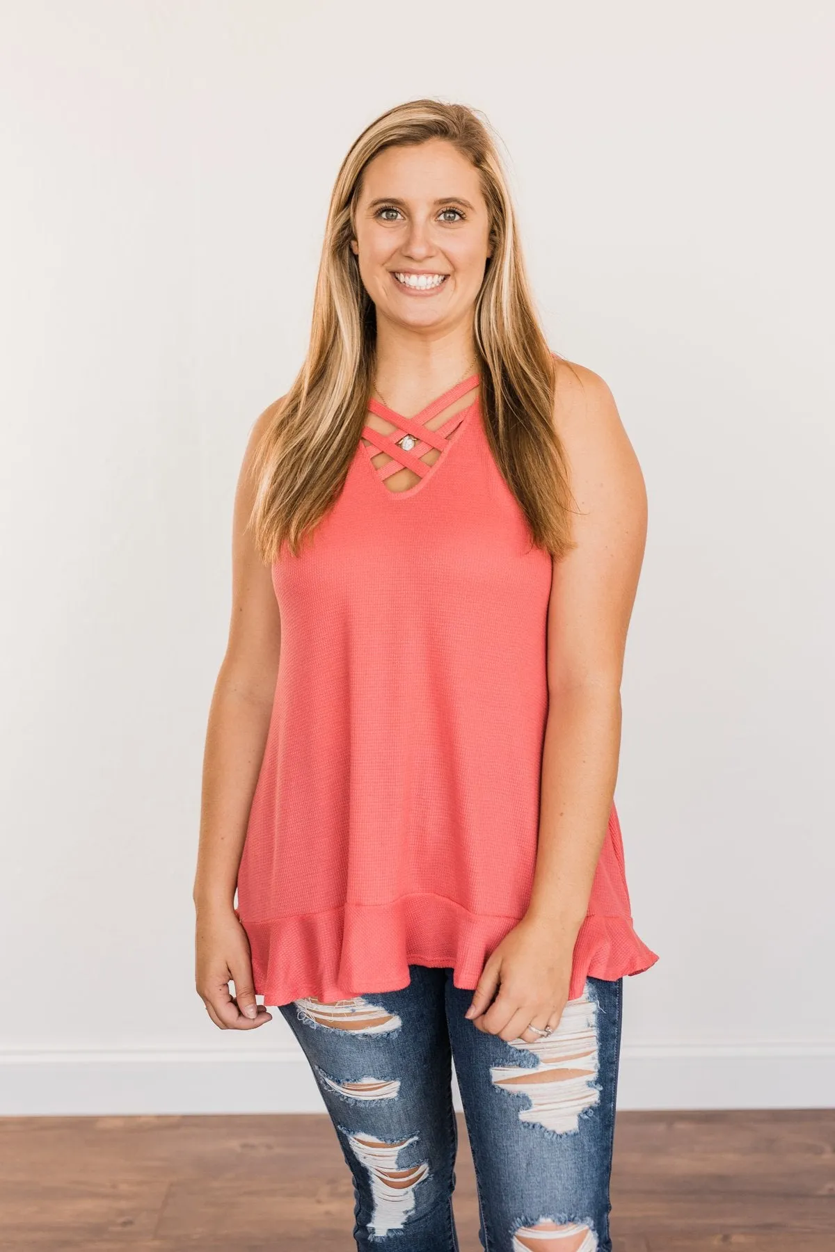 Passionate & Proud Criss-Cross Tank Top- Deep Coral