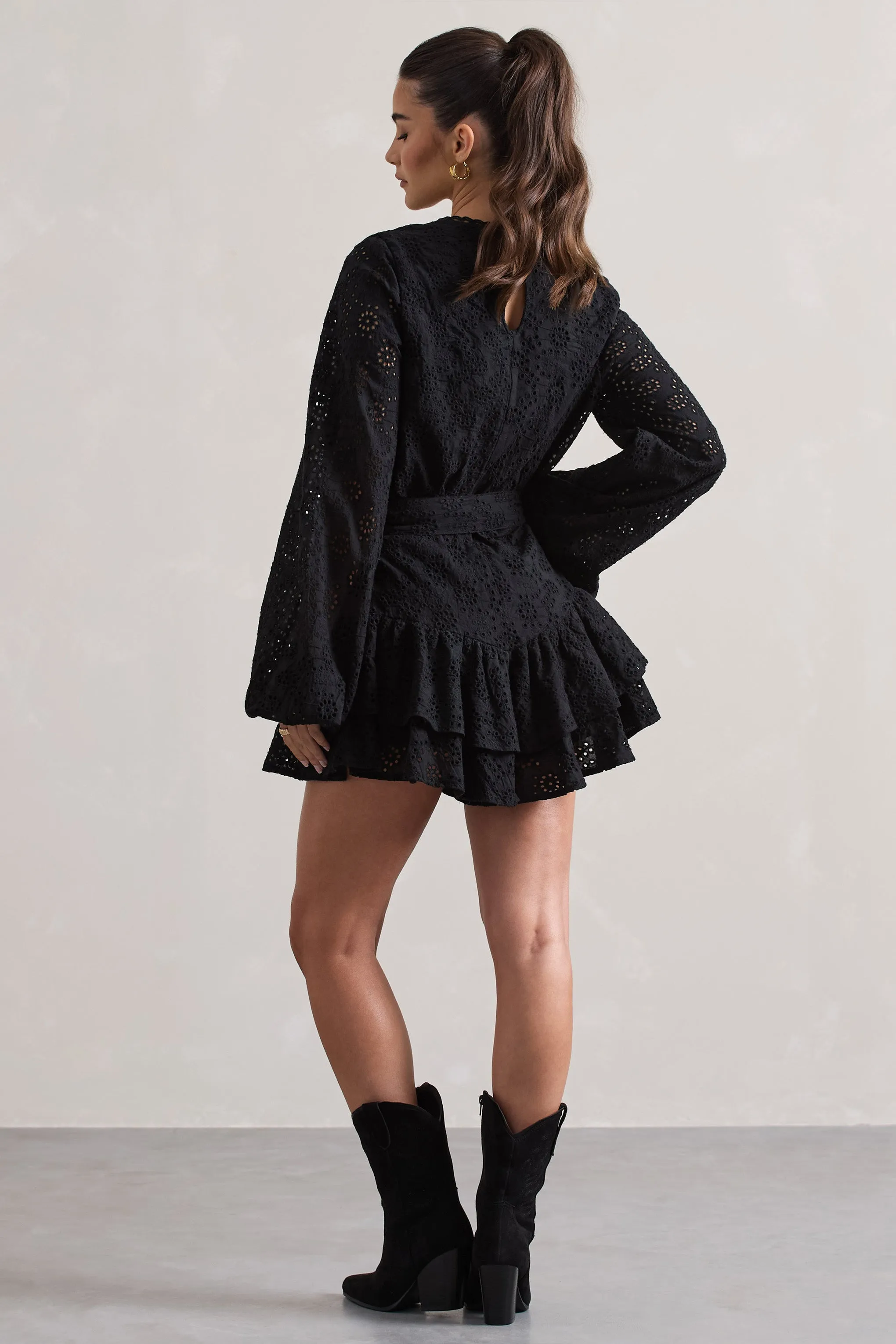 Places To Be | Black Broderie Belted Ruffled Playsuit