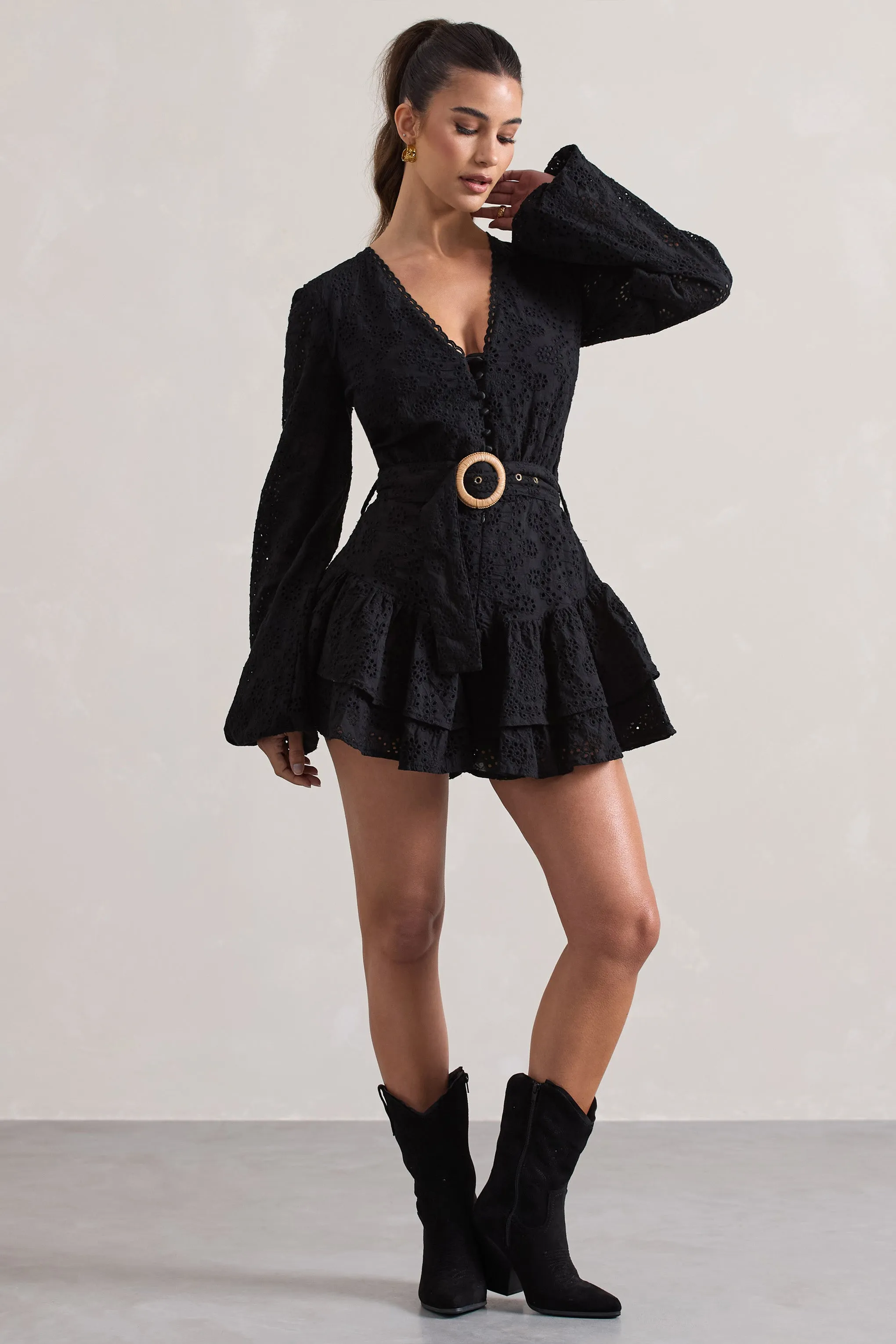 Places To Be | Black Broderie Belted Ruffled Playsuit