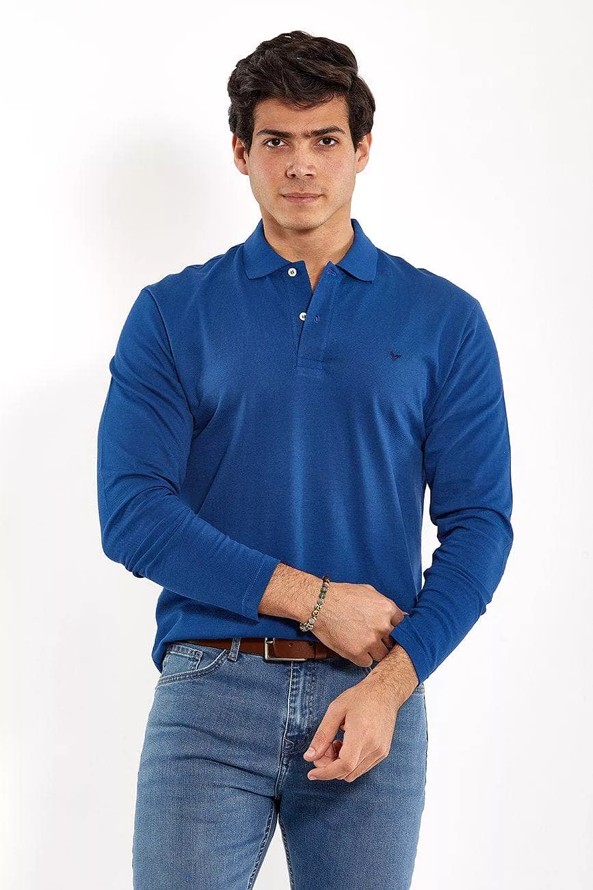 Plain Long-Sleeve Polo Shirt - BLUE FONSE