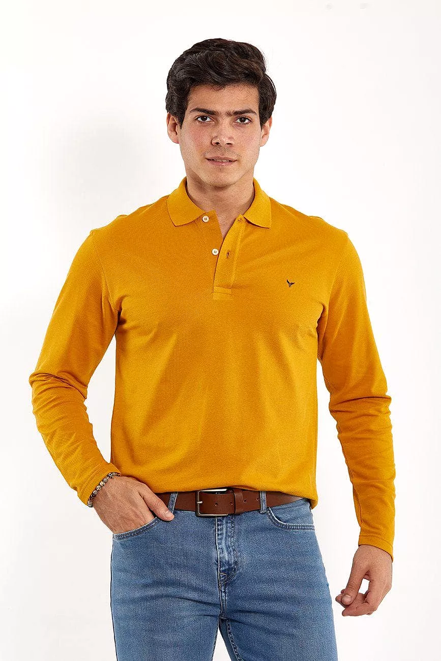 Plain Long-Sleeve Polo Shirt - MUSTARD