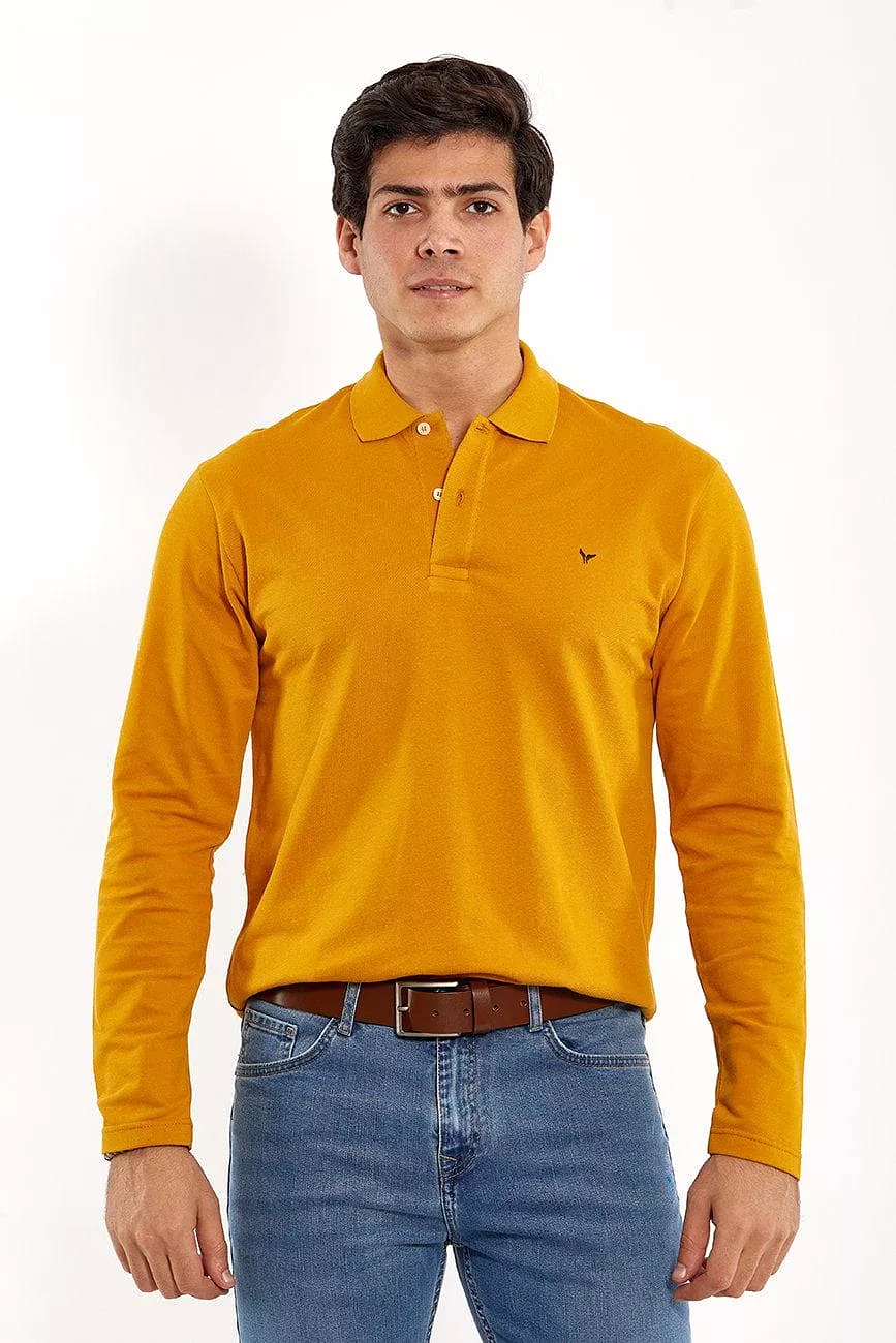 Plain Long-Sleeve Polo Shirt - MUSTARD