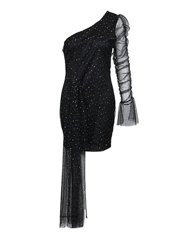 Sparkling Black Sequin Sheath Dress with Long Sleeves