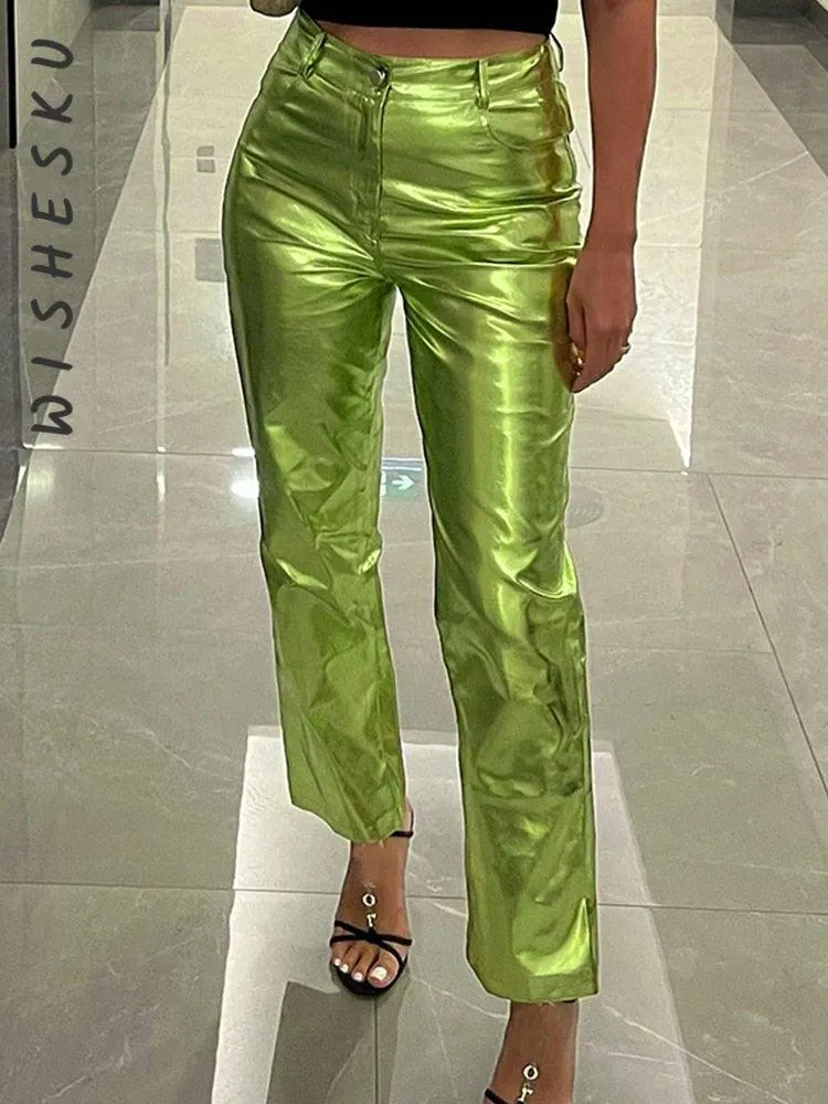 Sparkling Metallic Straight-Leg Pants - Featuring Elastic Waist for Comfort and Perfect for Clubwear