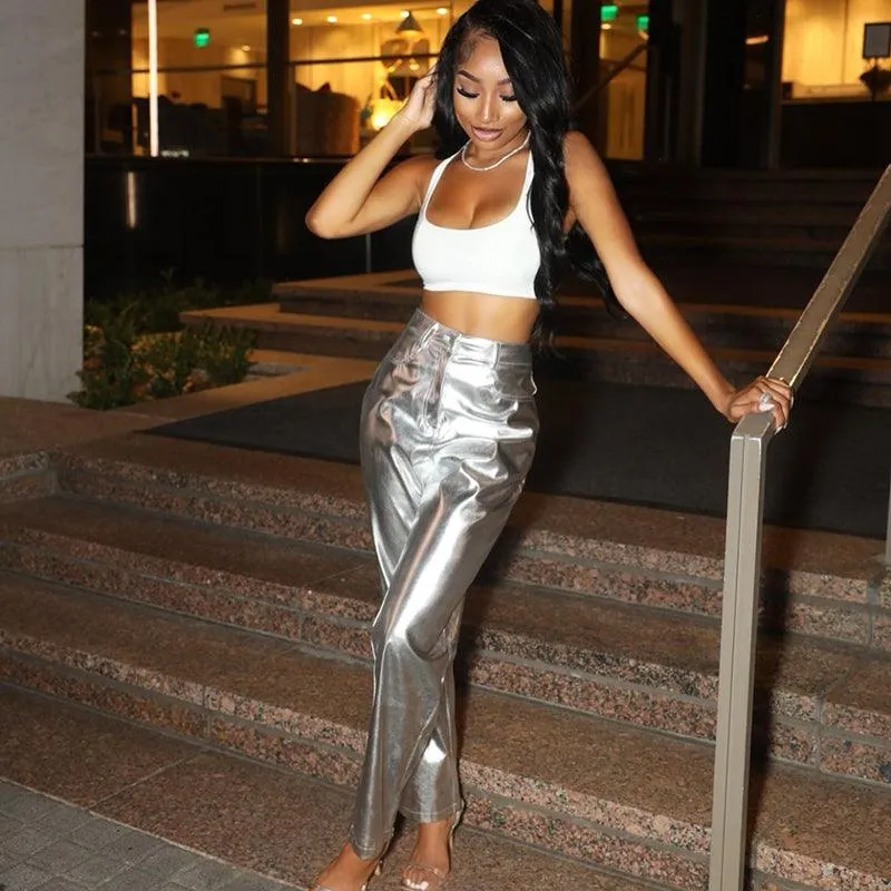 Sparkling Metallic Straight-Leg Pants - Featuring Elastic Waist for Comfort and Perfect for Clubwear